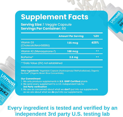 Utmost Nutrients Vitamin D3 5000 IU with K2 100 mcg – High-Absorption Capsule