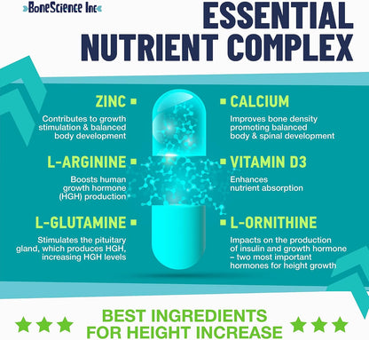 Height Growth Maximiser - Growth Optimisation Supplement for Teens & Young Adults – Bone & Development Support with Calcium, Vitamin D3, Zinc & Amino Acids – 60 Count
