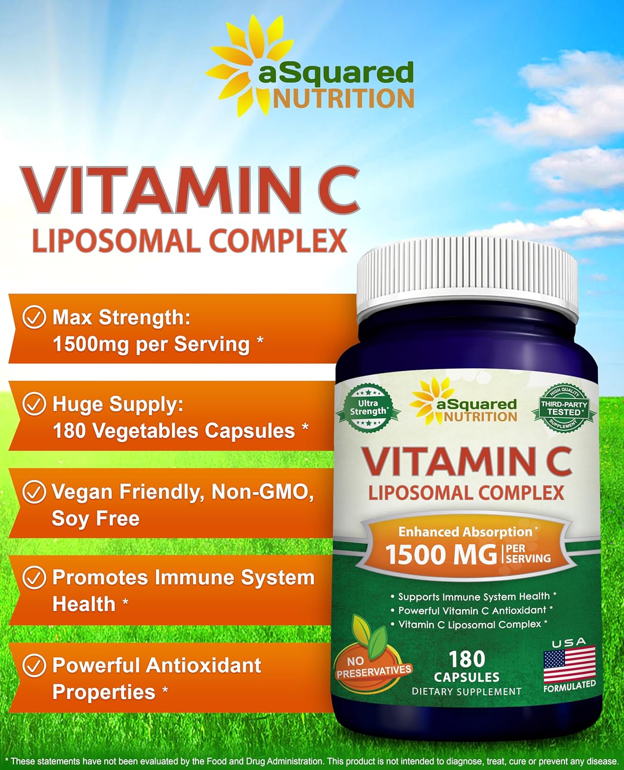aSquared Nutrition Vitamin C Liposomal Complex - 1500mg - 180 Capsules - High Absorption Supplement - görsel 2