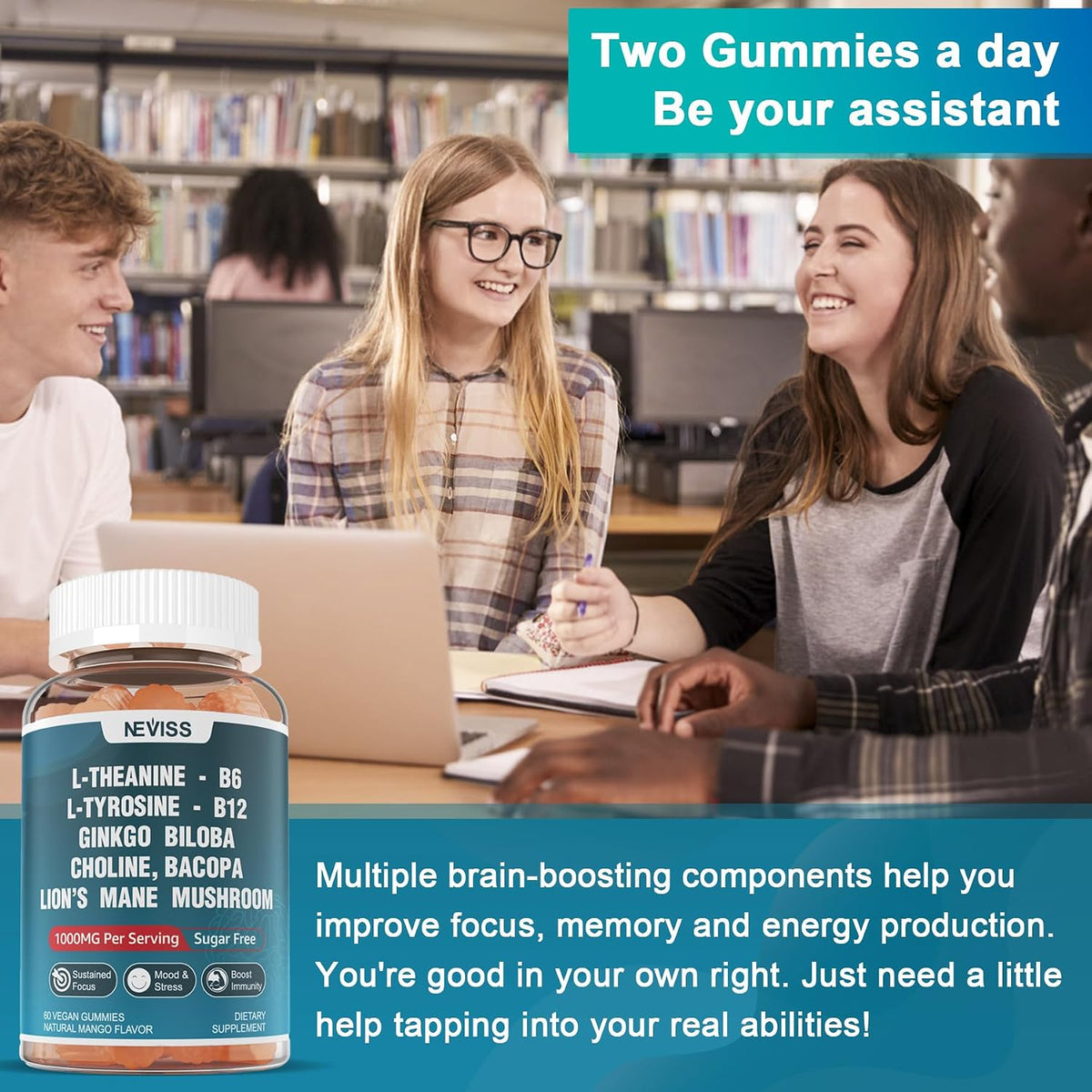 NEVISS Sugar-Free L-Tyrosine Gummies - L-Theanine, B6, B12 & Brain Herbs for Focus - görsel 7