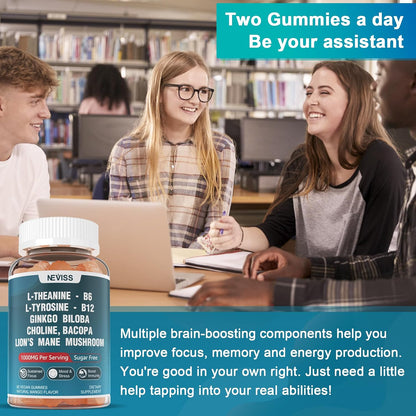 NEVISS Sugar-Free L-Tyrosine Gummies - L-Theanine, B6, B12 & Brain Herbs for Focus