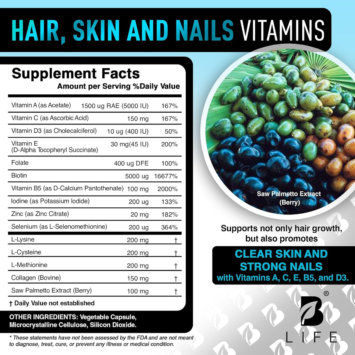 B Life Company Men's Hair Growth Food Supplement with Biotin & Collagen - 240 Capsules - görsel 3