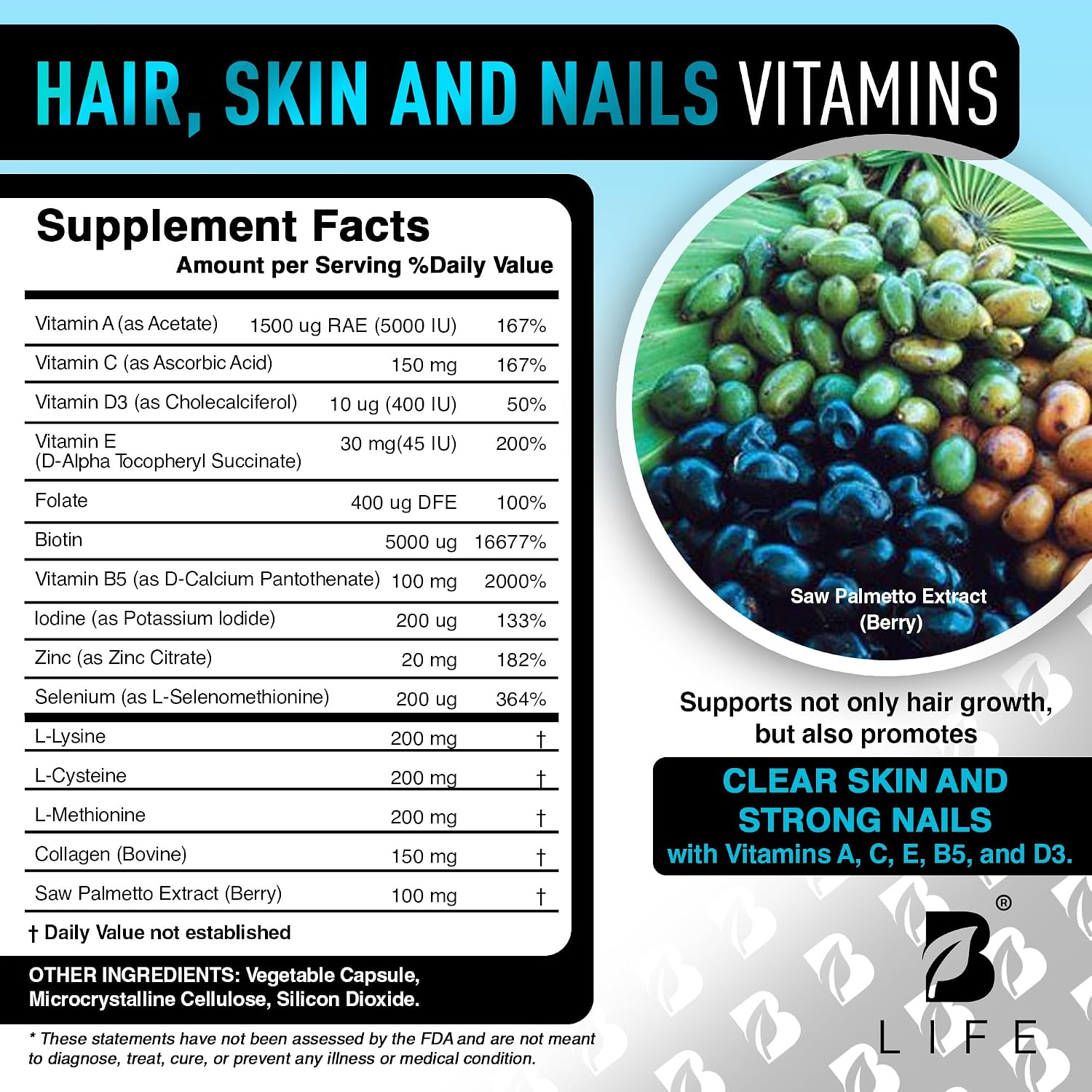 B Life Company Men's Hair Growth Food Supplement with Biotin & Collagen - 240 Capsules - görsel 3