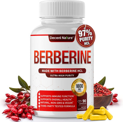 DECENT NATURE Berberine HCl 1800mg - 97% High Purity Supplement, 90 Vegan Capsules