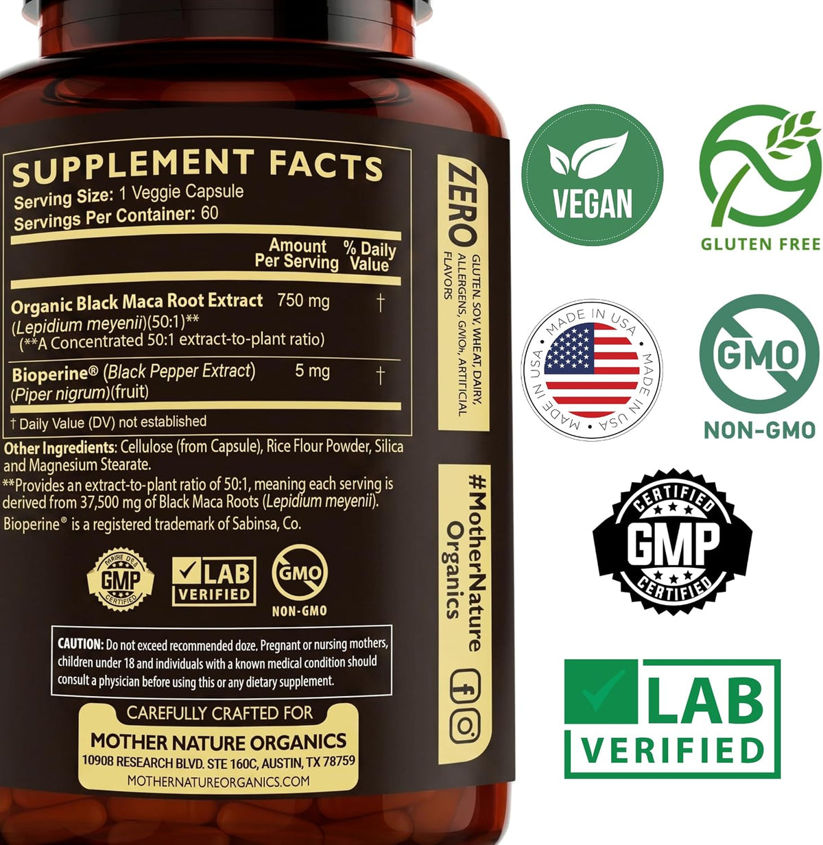 MNO Black Maca Root 50:1 750mg Organic Peruvian Maca, 60 Vegan Capsules - görsel 3