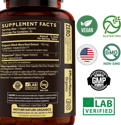 MNO Black Maca Root 50:1 750mg Organic Peruvian Maca, 60 Vegan Capsules