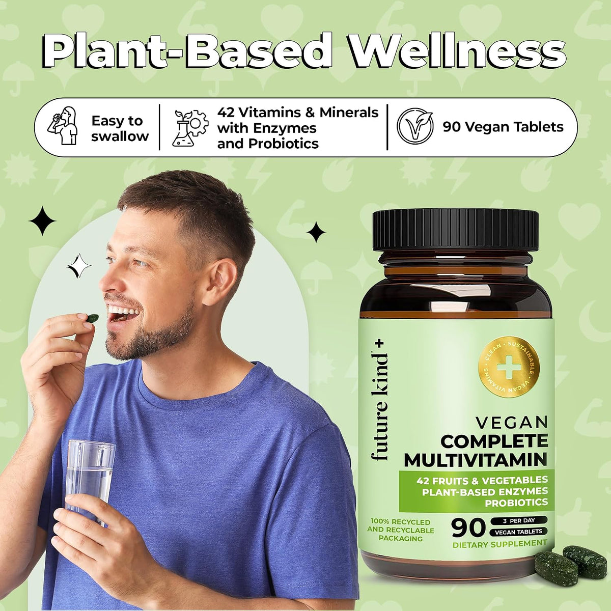 Future Kind Vegan Multivitamins Complete - 42-in-1 Multivitamin for Women and Men with Enzymes, B12, Zinc, and Probiotics (90 Tablets) - görsel 7