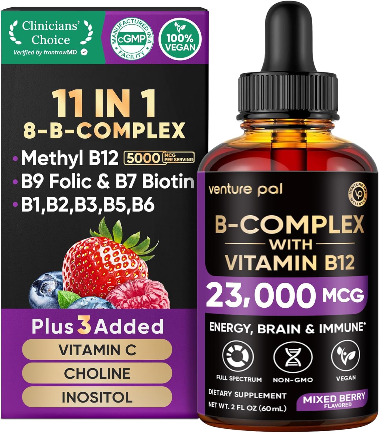 Venture Pal Vitamin B Complex Liquid Drops, B12 Methylcobalamin | B9 Folic | B1,B2,B3,B5,B6,B7 - Vitamin C, Choline, Inositol, Immune & Energy Metabolism, Brain & Heart Support - görsel 1