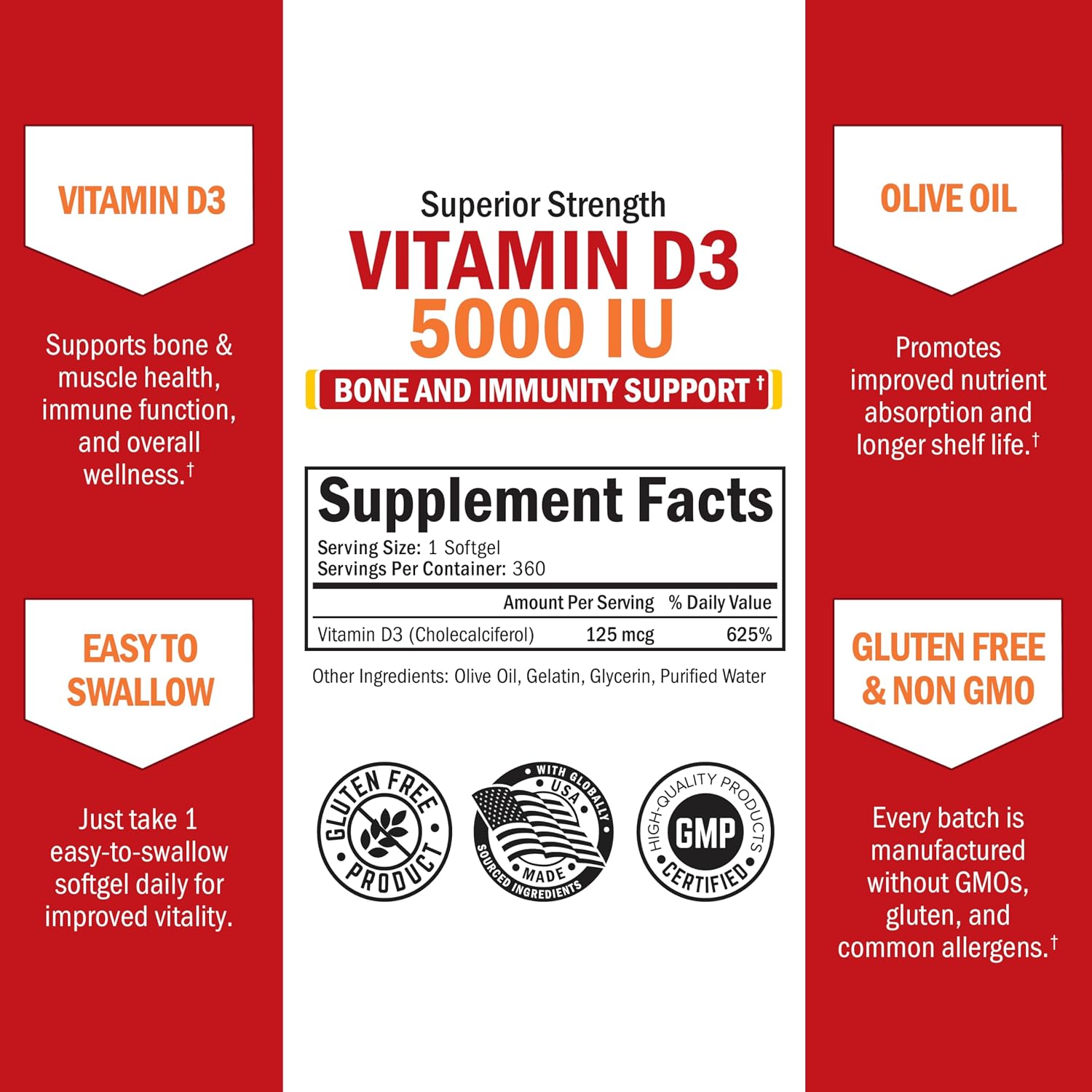 Vitamin D3 5000 IU (125 mcg) with Olive Oil – 360 Softgels - görsel 4