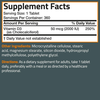Bronson Vitamin D3 2000 IU (50mcg) Non-GM, 360 Tablets