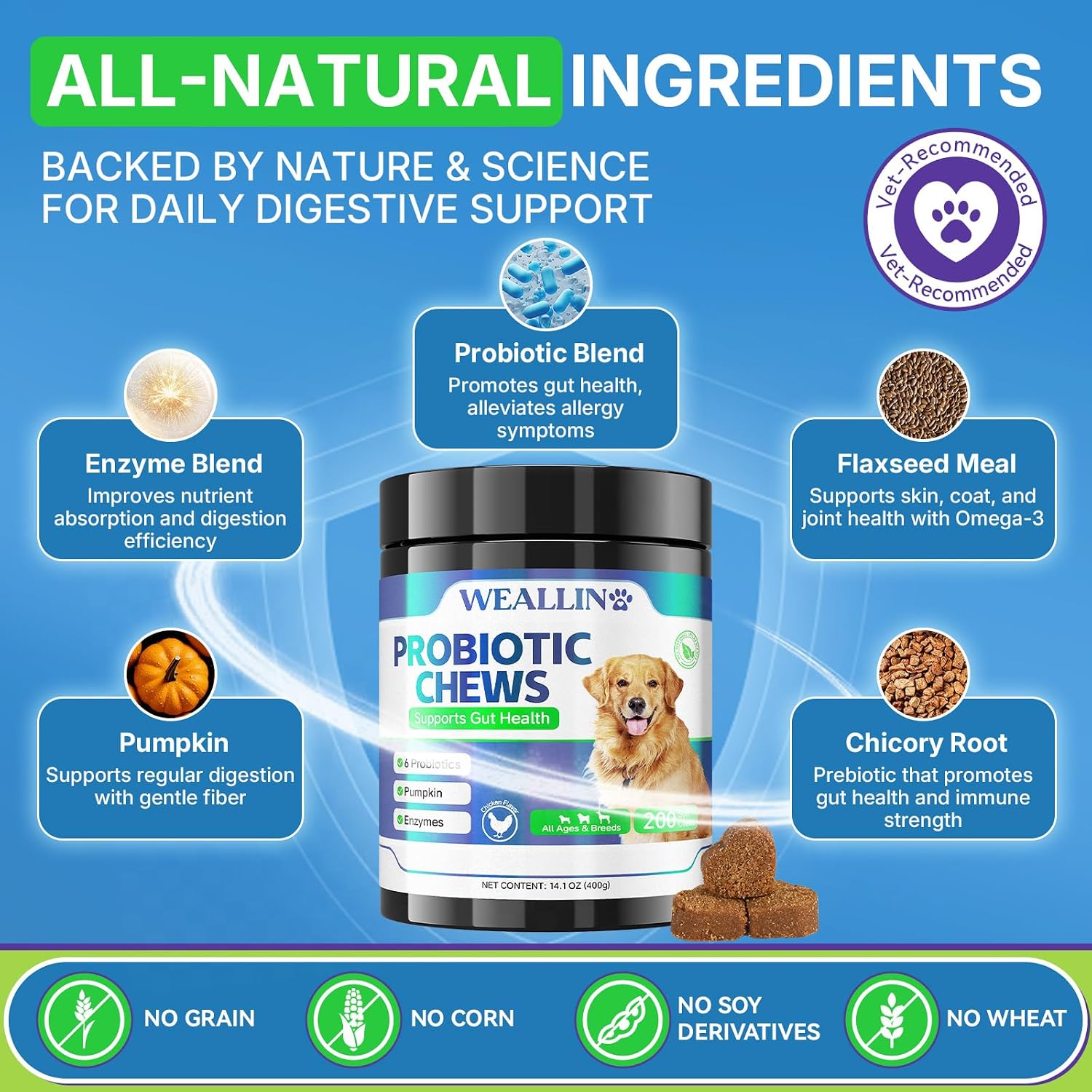 WEALLIN Probiotics for Dogs - 200 Soft Chews for Digestive Health, Itchy Skin Relief & Immune Support - görsel 4