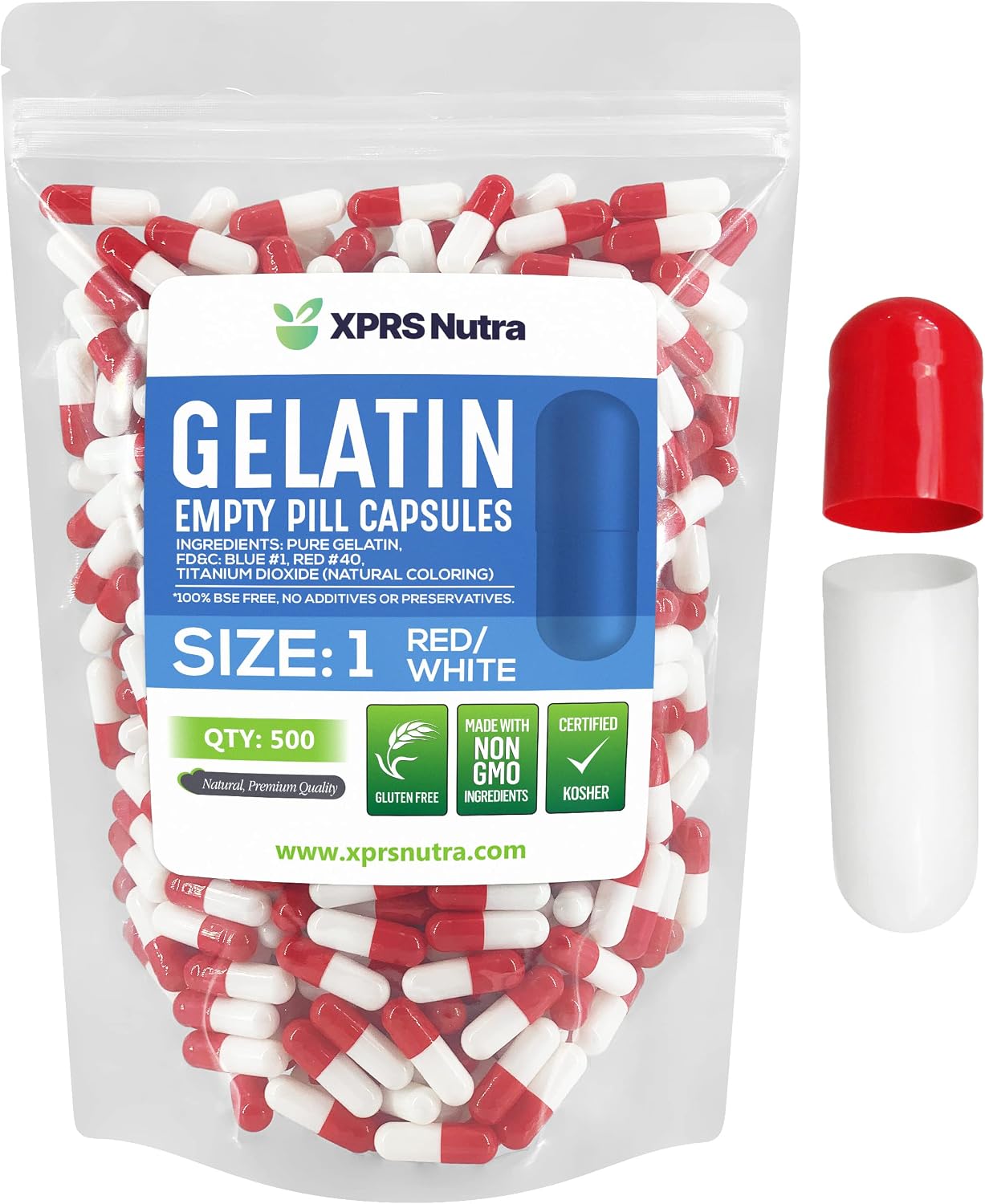 XPRS Nutra Size 1 Empty Capsules - 500 Count Empty Gelatine Capsules - Pill DIY Capsule Filling - Pure Bovine Pill Gel Caps for Do-It-Yourself Supplements (Red/White) - görsel 1