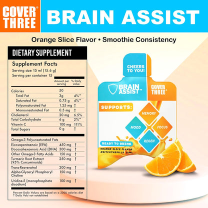 Cover Three Brain Assist Brain Supplement with Curcumin and Uridine - Liquid Focus Formula, Orange Slice Flavour