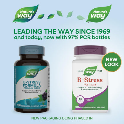 Nature's Way B-Stress Formula, Contributes to Normal Energy-Yielding Metabolism and Nervous System Function, with Vitamin C, B12, B6 & More, Gluten Free, 100 Vegan Capsules