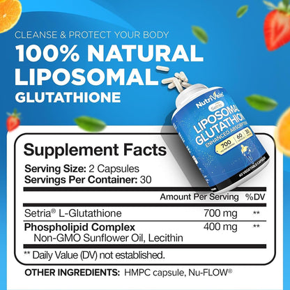 Nutrivein Premium Liposomal Glutathione 700 mg – 60 Capsules – Pure Reduced Glutathione (Setria) – Master Antioxidant