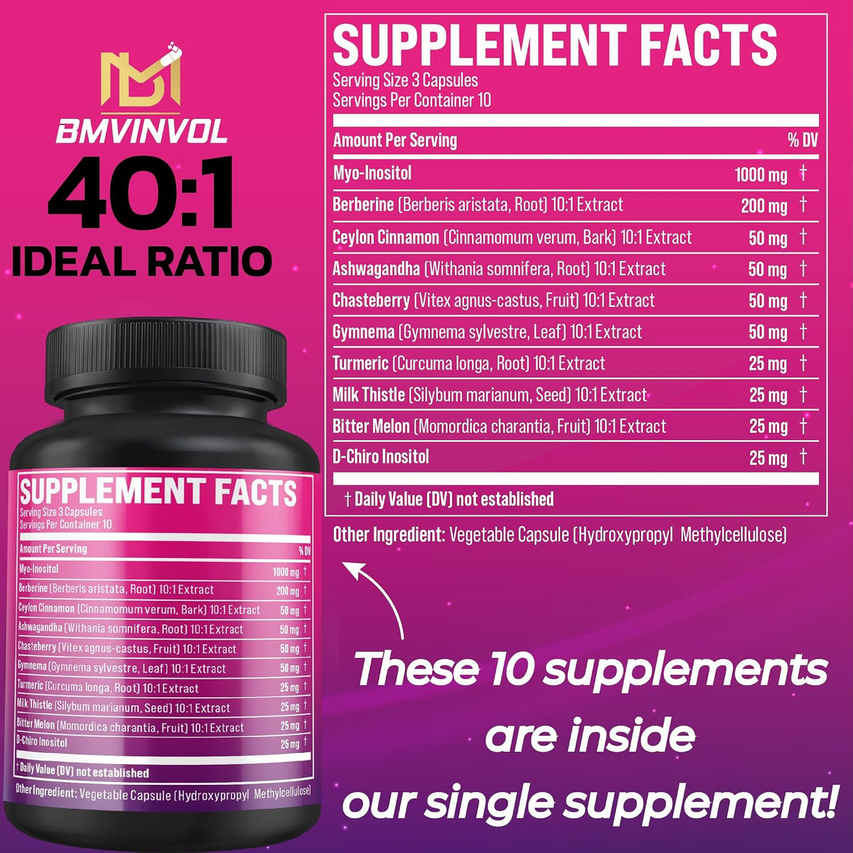 BMVINVOL Inositol Supplement - Myo-Inositol and D-Chiro Inositol (40:1 Ratio) with Berberine, Cinnamon, Ashwagandha, and More - 30 Capsules - görsel 4
