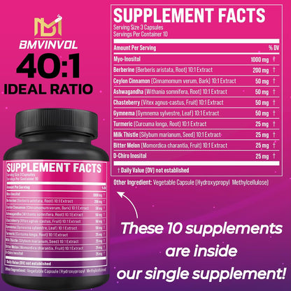BMVINVOL Inositol Supplement - Myo-Inositol and D-Chiro Inositol (40:1 Ratio) with Berberine, Cinnamon, Ashwagandha, and More - 30 Capsules