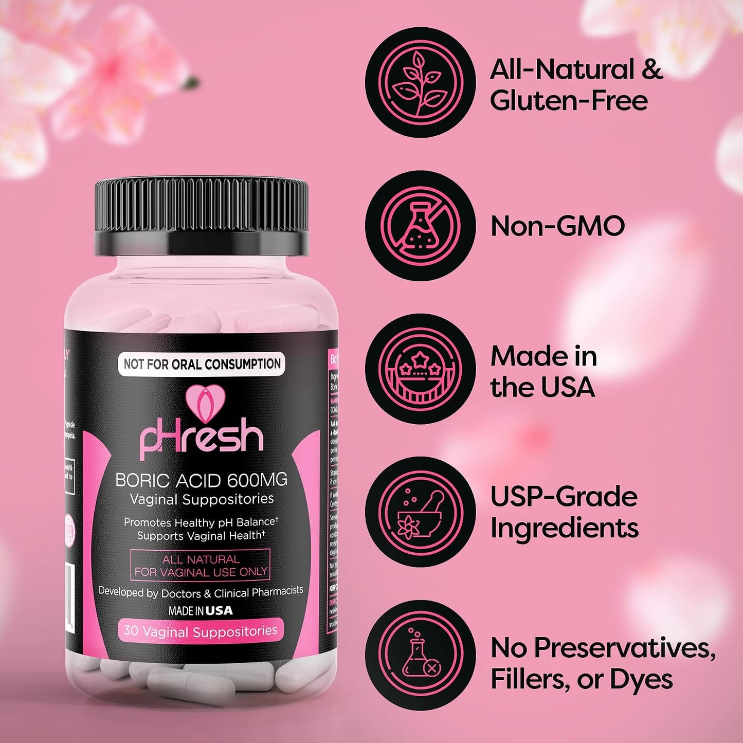 pHresh Boric Acid Suppositories for Women - Natural Vaginal Health Support - görsel 2