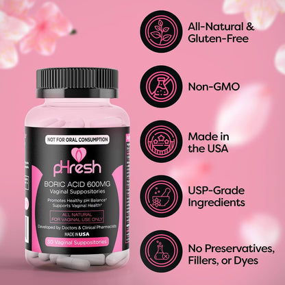 pHresh Boric Acid Suppositories for Women - Natural Vaginal Health Support
