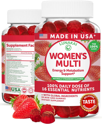 Lunakai Women's Multivitamin Gummies – 16 Essential Vitamins for Energy and Immune Support, 60 Gummies