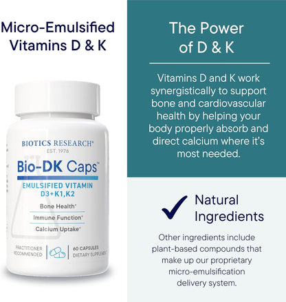 BIOTICS RESEARCH Bio-DK Caps – Emulsified Vitamin D3 + K1 + K2 (MK-7), 60 Capsules