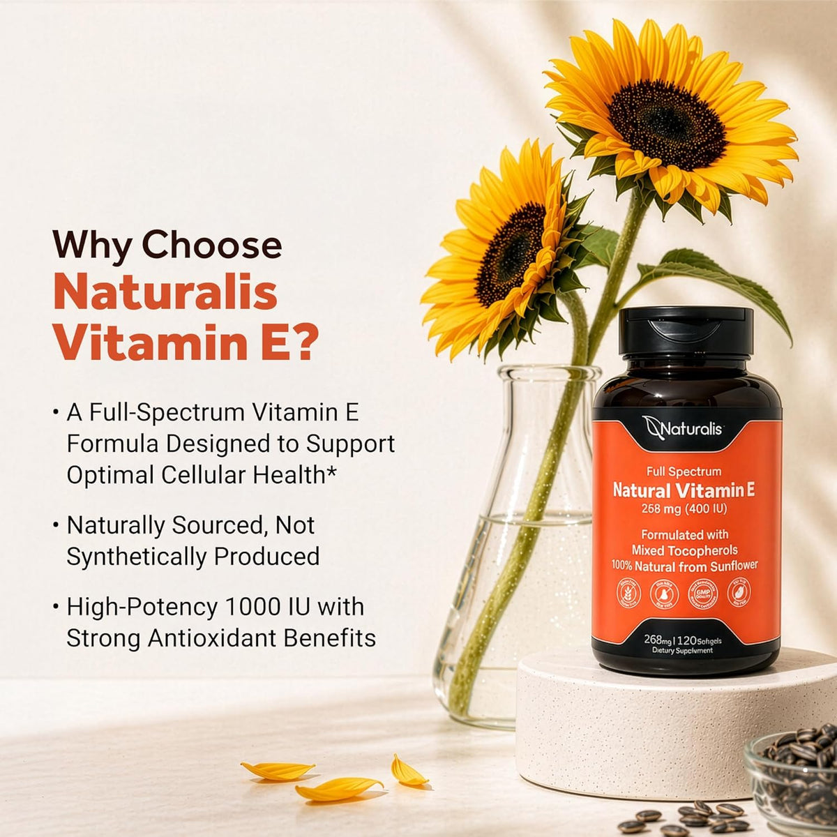 Naturalis Sunflower Vitamin E 670mg (1000 IU) with Mixed Tocopherols | Essential Skin Vitamin & Immune Support | Non-GMO, Soya & Gluten-free | 120 Softgels - görsel 4