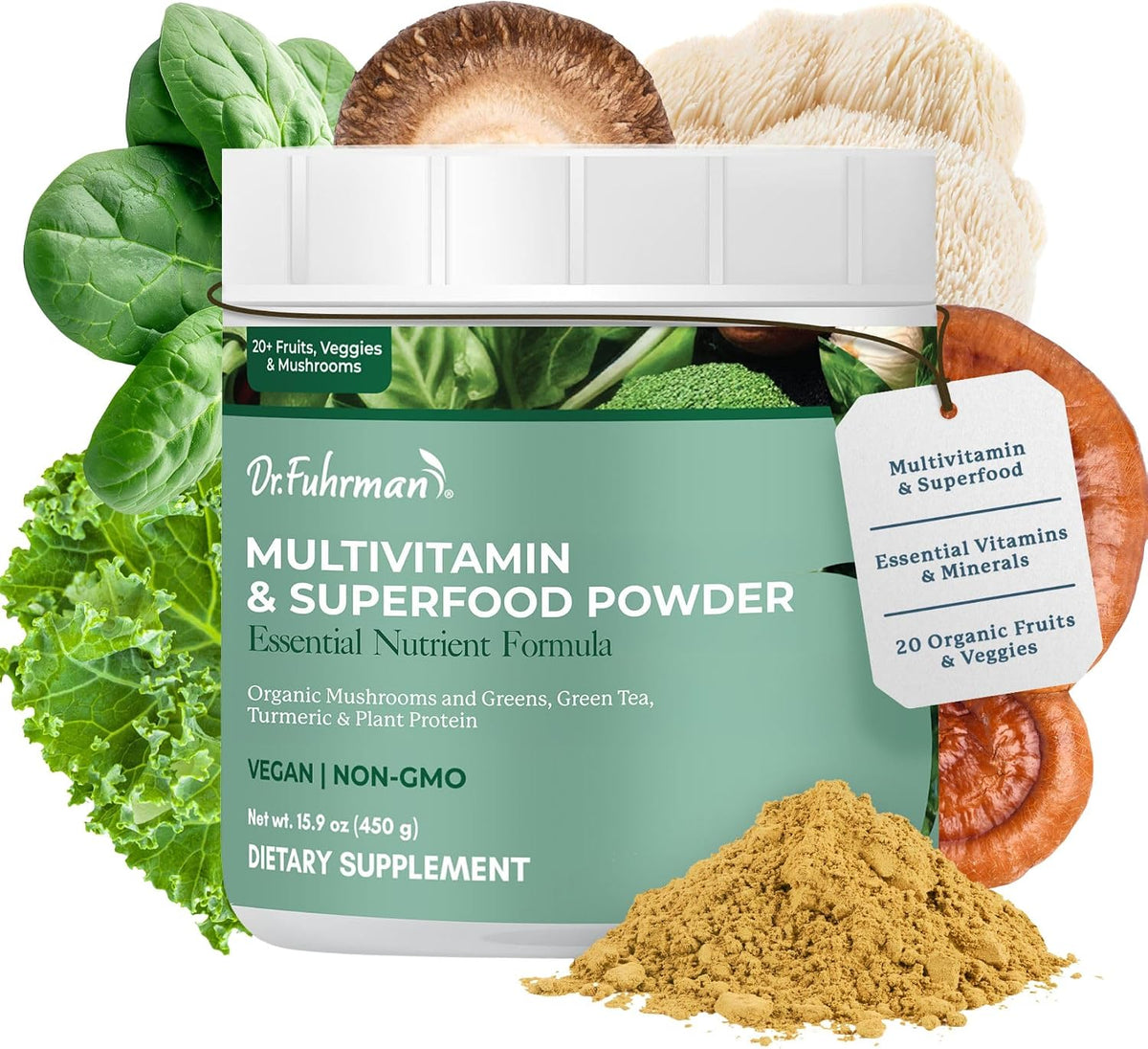 Dr. Fuhrman Whole Food Greens Powder - Premium Greens Superfood Powder Multivitamin with Organic Mushrooms, Turmeric, Plant Protein, Vitamins B12, D3, K2 - görsel 1