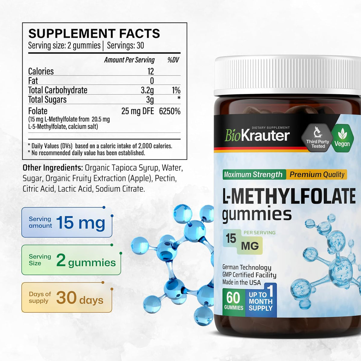 BIO KRAUTER® L-Methylfolate Gummies for Folic Support – Active Folate (Vitamin B9) for Brain & Mood – 15mg, 60 Vegan Gummies, 30-Day Supply - görsel 3