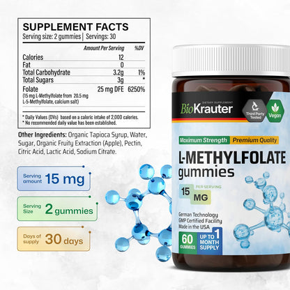 BIO KRAUTER® L-Methylfolate Gummies for Folic Support – Active Folate (Vitamin B9) for Brain & Mood – 15mg, 60 Vegan Gummies, 30-Day Supply