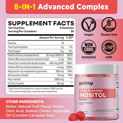 Yutiny Myo-Inositol & D-Chiro Inositol Gummies, Vitamin B6 B12 & Folate for Women, Vegan, Sugar Free, Strawberry Flavour, 60 Count