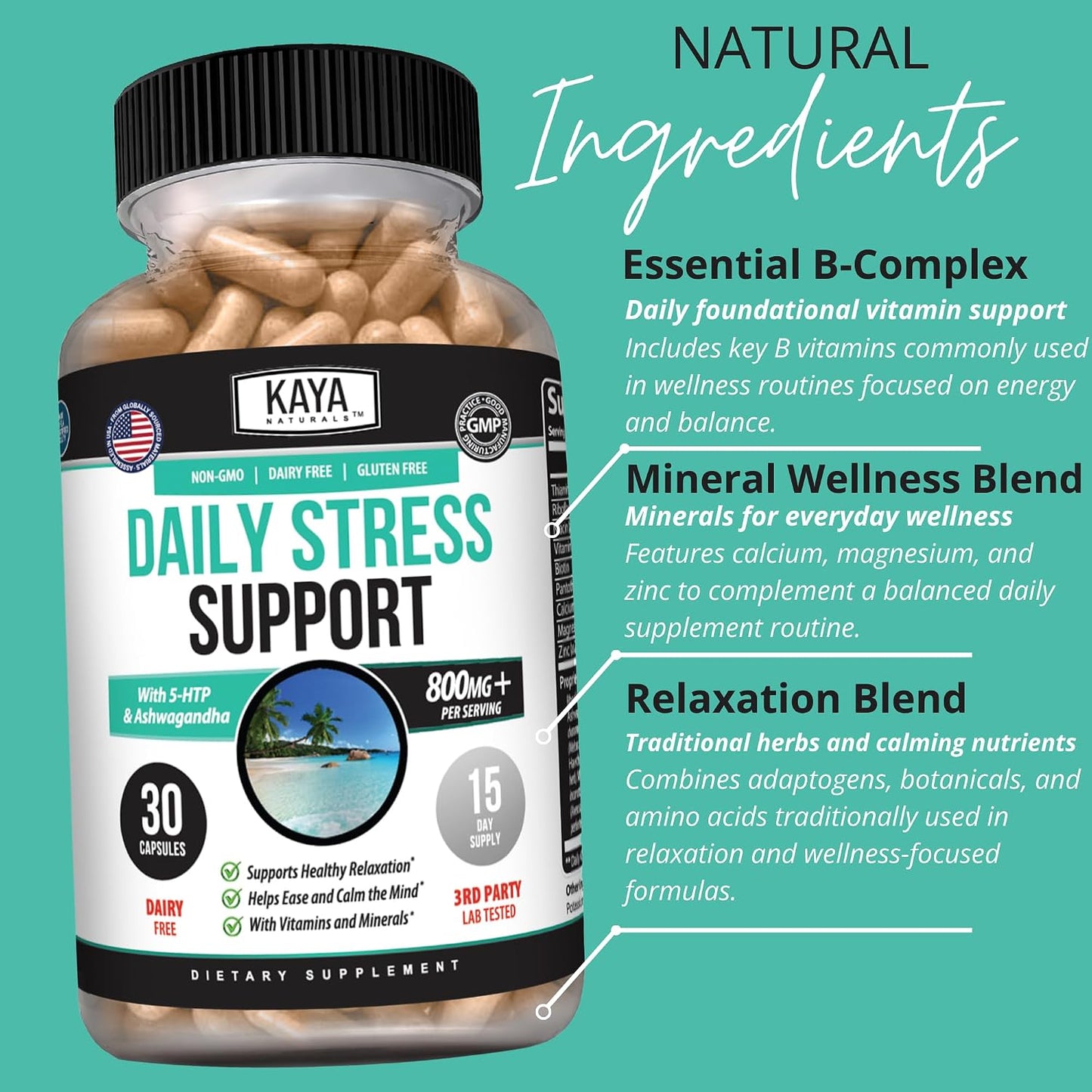 Kaya Naturals – Natural Herbal Stress Relief Support Vitamin Supplement to Relax and Calm the Mind – 30 Capsules - görsel 5