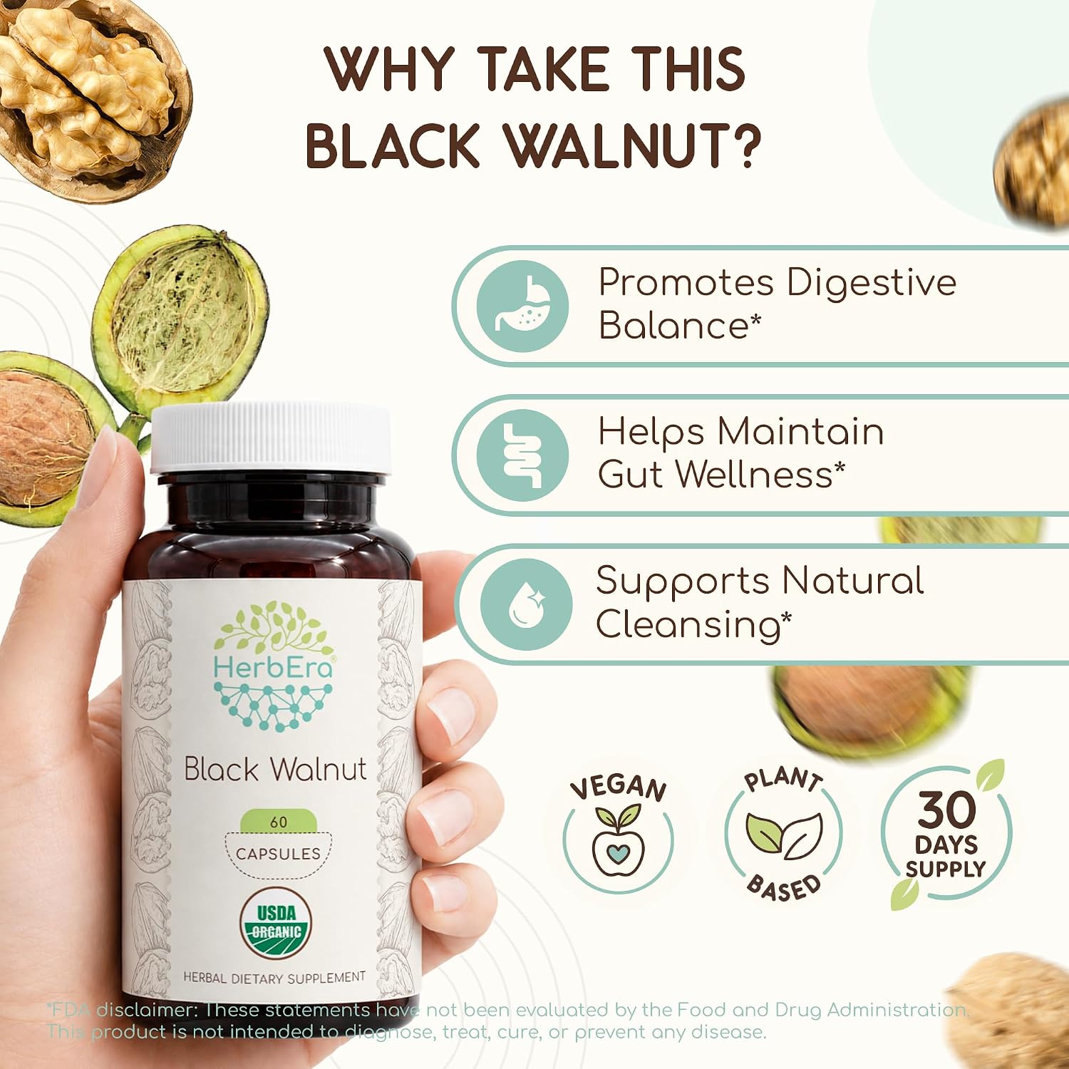 HerbEra Black Walnut 500 mg | Organic Vegan Capsules | Traditional Digestive & Antioxidant Support, Juglans Nigra Dried Hull | Herbal Supplement (60 Capsules) - görsel 2
