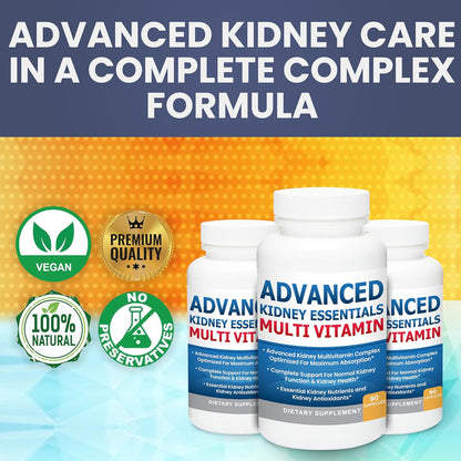 Advanced Kidney Essentials Multivitamin. Kidney Support Supplement for Complete Kidney Health. Renal Vitamins 30 Capsules