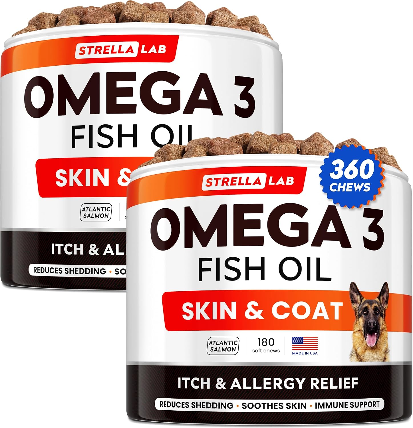 STRELLALAB Fish Oil Omega-3 6 9 Chews for Dogs - Allergy and Itch Relief - Skin and Coat Supplement - 360 Treats - görsel 1