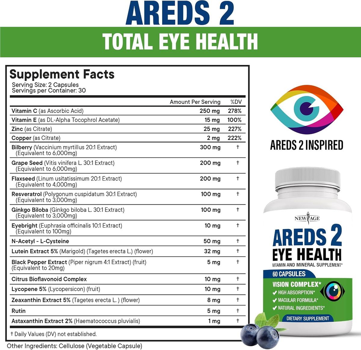 NEW AGE AREDS 2 Eye Vitamin – Bilberry 6000mg, Lutein 32mg, Grape Seed 6000mg, Eyebright 1000mg, Zeaxanthin 8mg – 120 Capsules - görsel 2