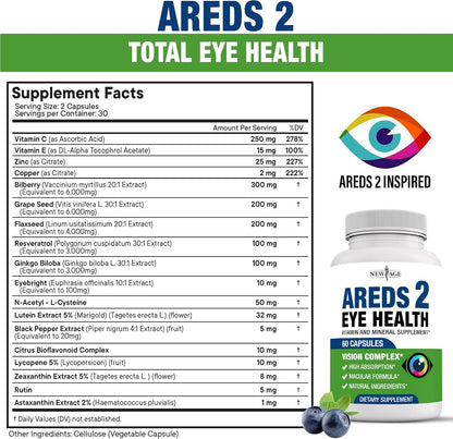 NEW AGE AREDS 2 Eye Vitamin – Bilberry 6000mg, Lutein 32mg, Grape Seed 6000mg, Eyebright 1000mg, Zeaxanthin 8mg – 120 Capsules