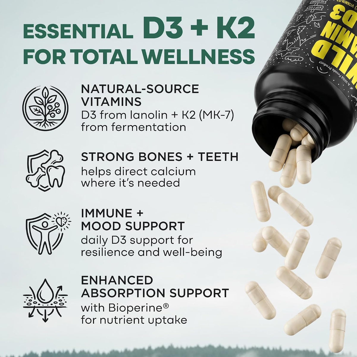 Wild Foods 5000 IU Vitamin D3 and K2 (100 mcg MK-7) with Black Pepper Extract, Plant-Based, Non-GMO, Soya & Gluten-Free, 60 Capsules - görsel 2