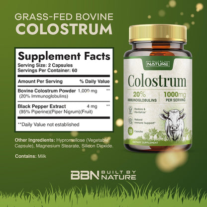 Built by Nature Colostrum Supplement, 120 Capsules – 1000mg Grass-Fed Bovine Colostrum Powder from First Milkings, 20% IgG Immunoglobulins – Gut Health, Immune Support, Hair & Skin Wellness