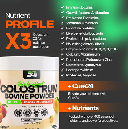 Cure24 Bovine Colostrum X3 Powder - Grass Fed, High IgG, Probiotic & Prebiotic, Unflavoured
