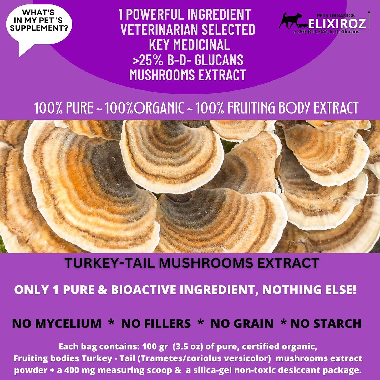 Turkey Tail Mushroom Extract for Dogs & Cats – 25%+ Beta Glucans – Concentrated Fruiting Body Extract (8:1–12:1) – Immune & Gut Support – No Fillers – 250 Servings - görsel 5