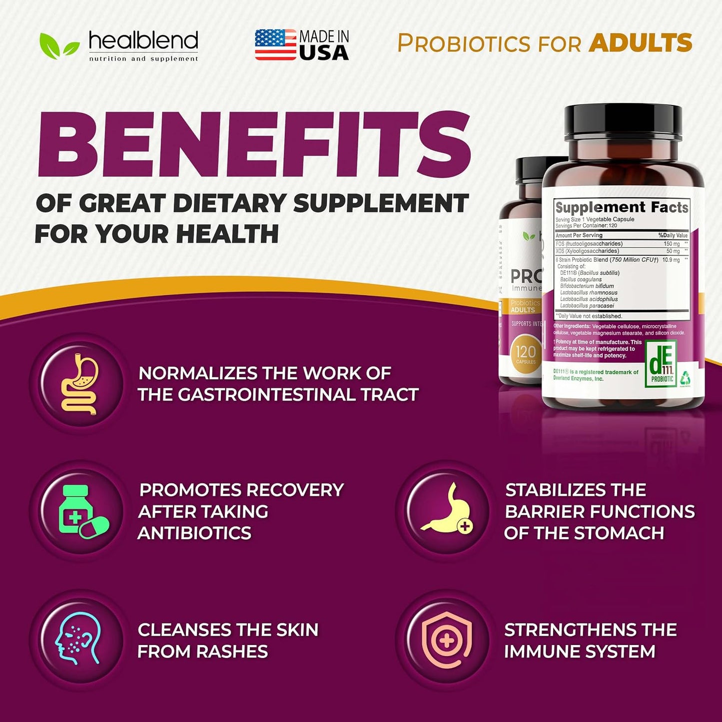 healblend Probiotic Capsules – Digestive Health & Immune Support, Non-GMO, Gluten-free, 120 Veg Caps - görsel 4