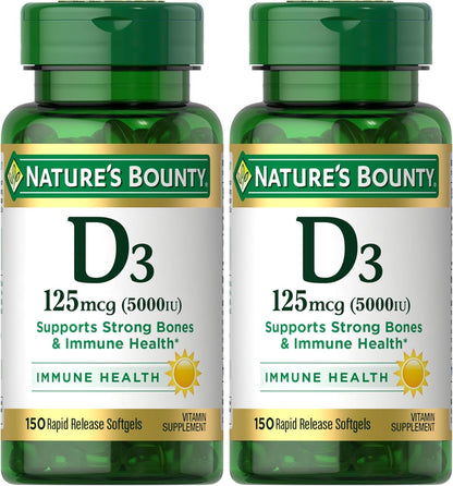 Nature's Bounty Vitamin D3 5000 IU Softgels, Rapid Release, Immune Support, 150 Count