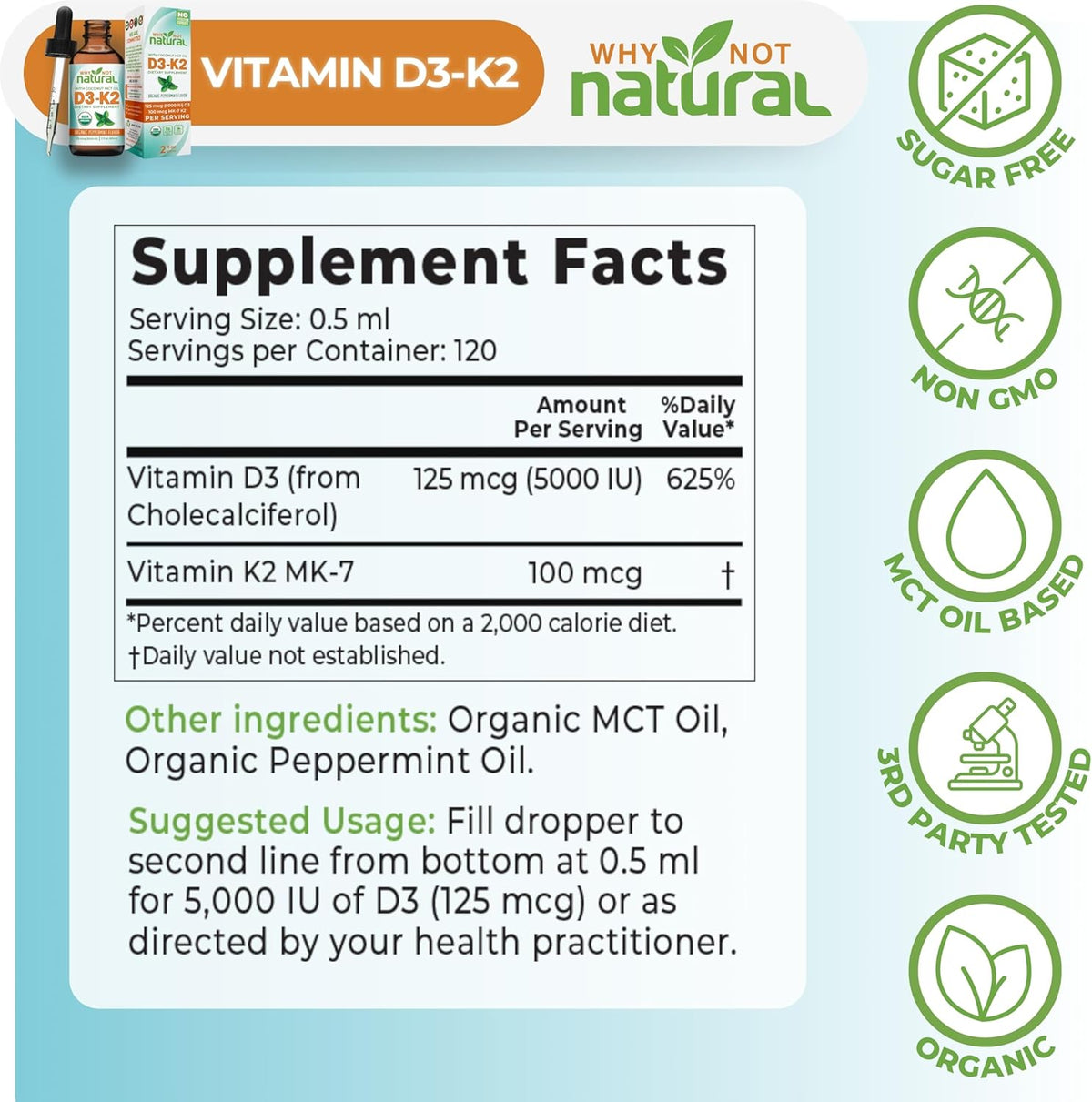 Why Not Natural Organic Vitamin D3 K2 (MK-7) Liquid Drops, 5000 IU D3 with Coconut MCT Oil, for Bones, Teeth and Immune Support - görsel 5