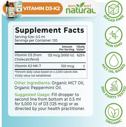 Why Not Natural Organic Vitamin D3 K2 (MK-7) Liquid Drops, 5000 IU D3 with Coconut MCT Oil, for Bones, Teeth and Immune Support