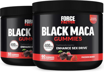 Force Factor Black Maca Gummies, 2-Pack, Black Maca Root to Enhance Male Vitality, Increase Energy & Strength, with BioPerine for Superior Absorption, Delicious Passion Berry Flavour, 120 Gummies