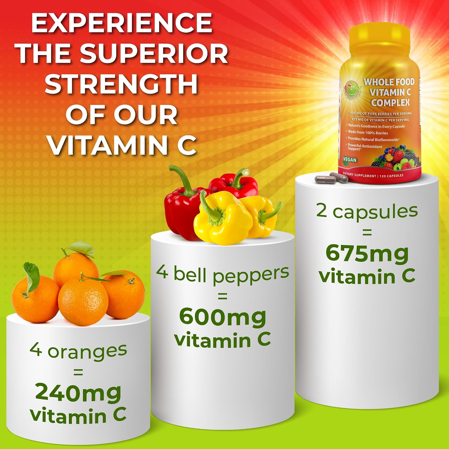 Whole Food Vitamin C Complex - 1450mg Organic Berries, 675mg Vitamin C, High-Potency Antioxidant & Immune Support with Acerola, Amla and Natural Bioflavonoids - Vegan, Non-GMO, 120 Count - görsel 3