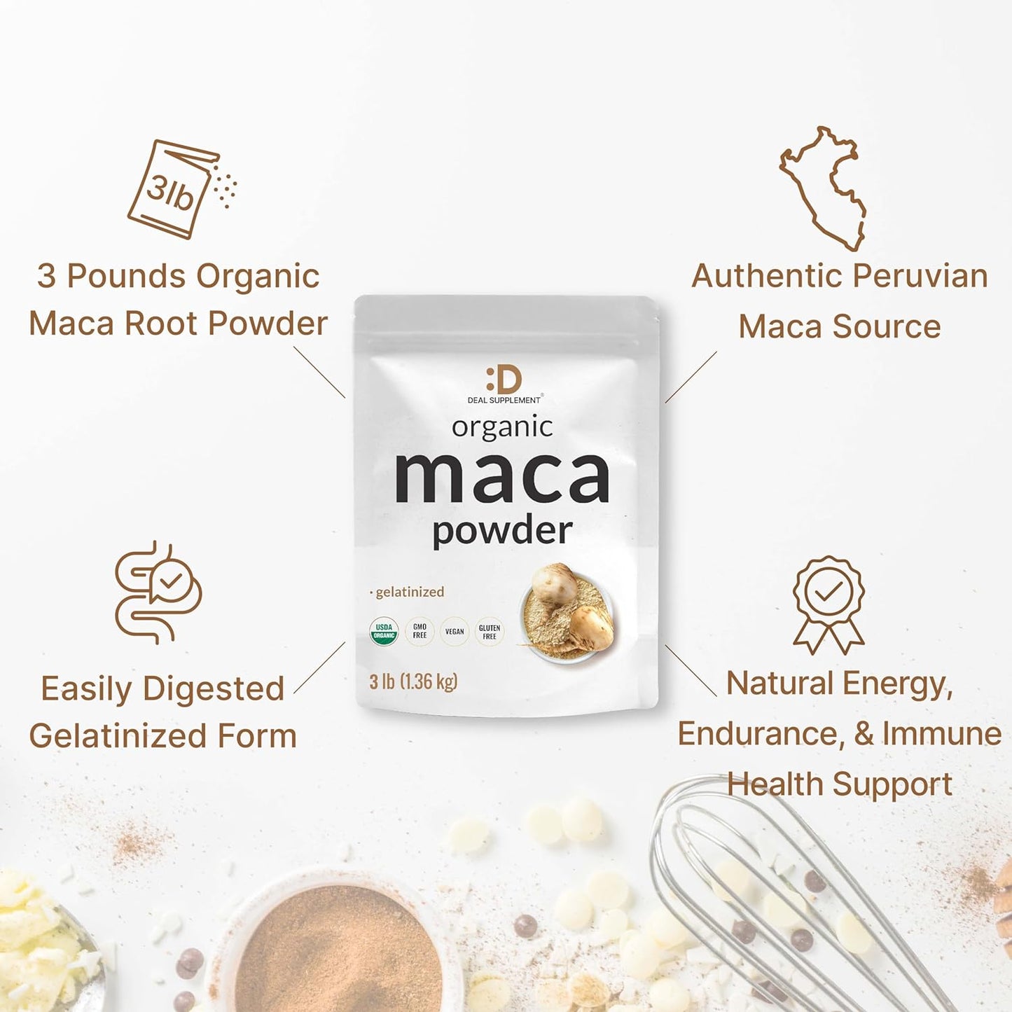 Organic Peruvian Maca Root Powder, 1.36 kg (3 lbs) – Easily Digested Gelatinised Form – Herbal Superfood Supplement for Men & Women – Supports Energy & Vitality – Non-GMO - görsel 4