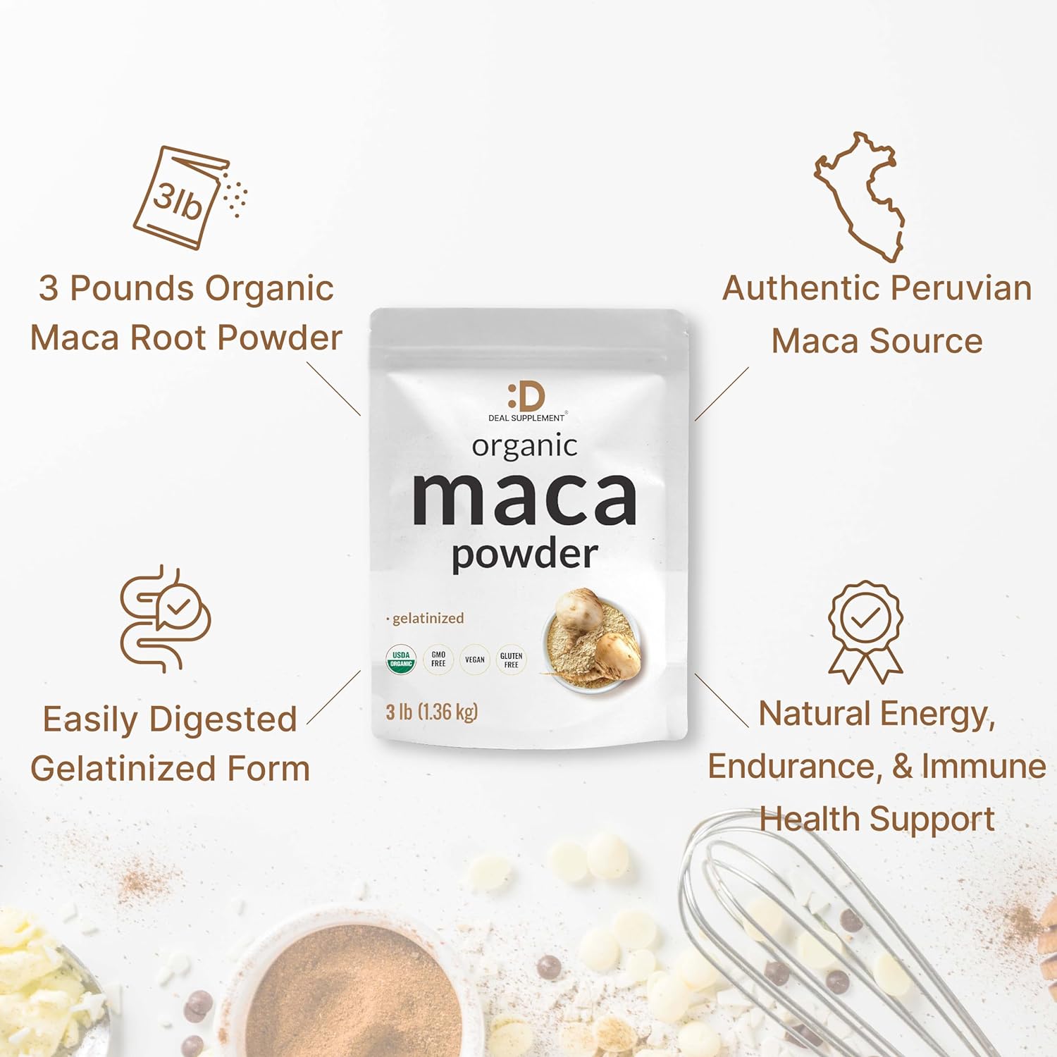 Organic Peruvian Maca Root Powder, 1.36 kg (3 lbs) – Easily Digested Gelatinised Form – Herbal Superfood Supplement for Men & Women – Supports Energy & Vitality – Non-GMO - görsel 4