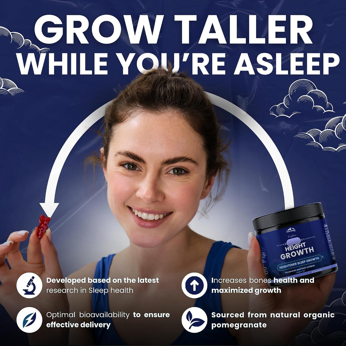 Heightener Height Growth Sleep Gummies - Vitamins to Support Height Potential, Natural Height Support Supplement for Kids and Adults | Calcium & Melatonin Multivitamin - 60 Gummies - görsel 2