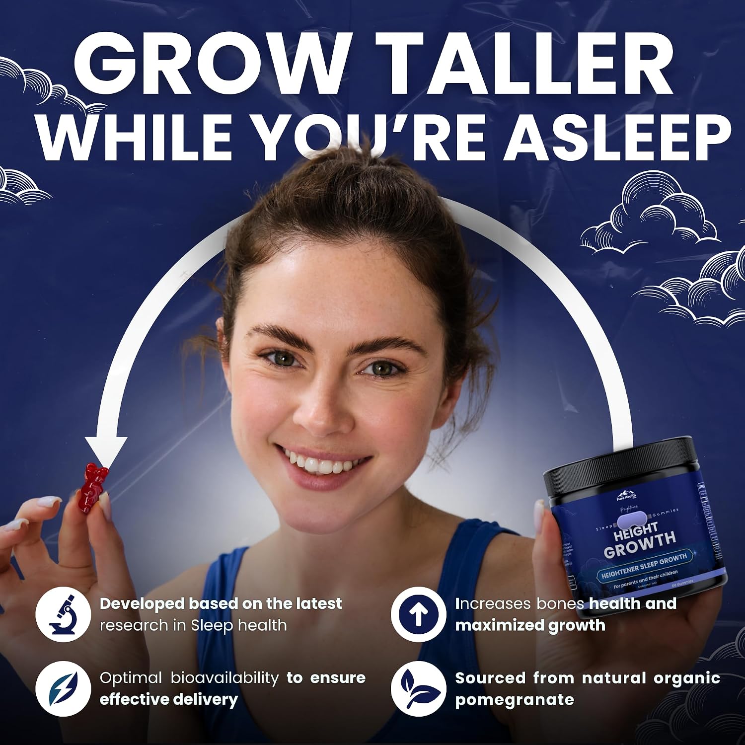 Heightener Height Growth Sleep Gummies - Vitamins to Support Height Potential, Natural Height Support Supplement for Kids and Adults | Calcium & Melatonin Multivitamin - 60 Gummies - görsel 2